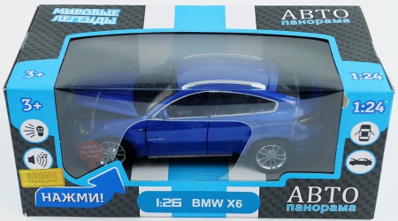 ТМ "Автопанорама"  Машинка металл., 1:26 BMW X6, синий, свободный ход колес, откр. двери, капот и ба